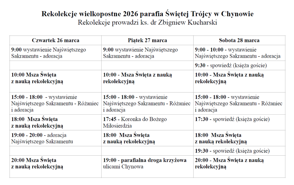 Plan rekolekcji wielkopostnych na rok 2026